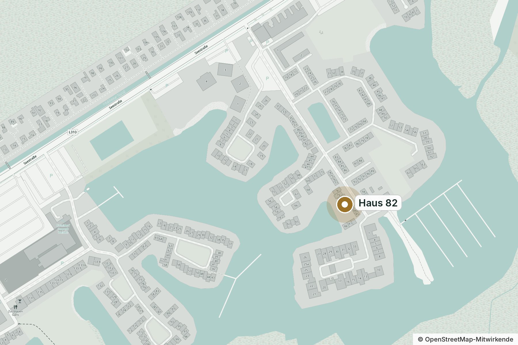 OpenStreetMap-Karte des Seeparks Weiden mit Markierung von Haus 82